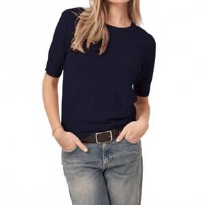 NEW REPEAT CASHMERE short sleeve crew neck pullover sweater in night